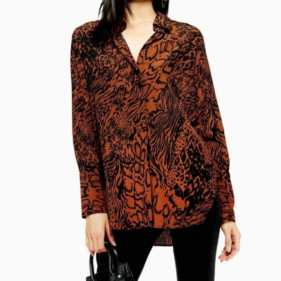 TopShop Black & Brown Tiger/Leopard Print Mixed Animal Pattern Button Down Shirt - Picture 10 of 10